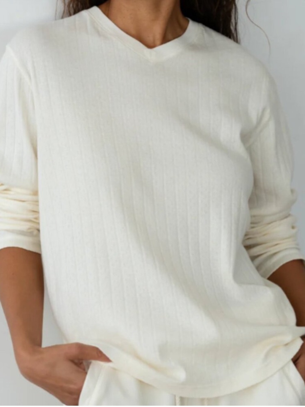DONNI. The Pointelle Long Sleeve Vneck Shirt Organic Cotton Color: Powder Sz: XL